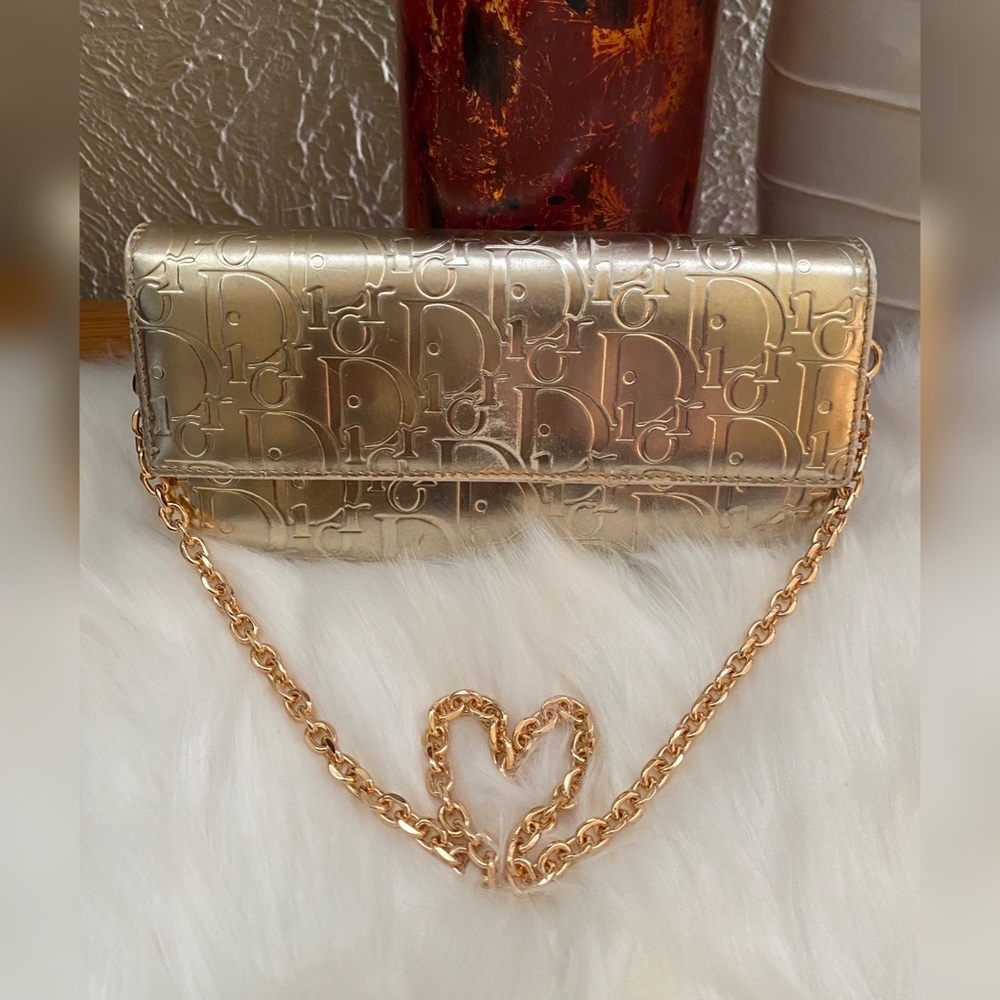 🌸AuthenticChristian Dior gold trotter print embossed patent leather long wallet